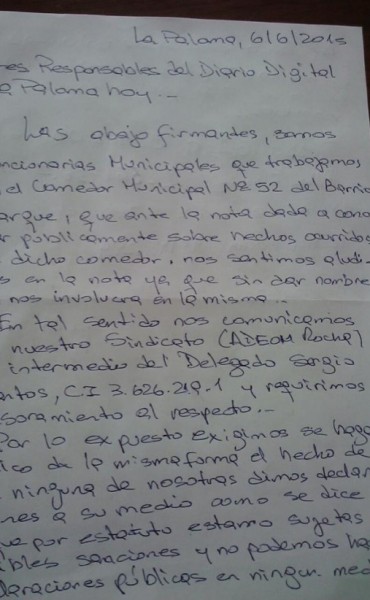 Funcionarias del comedor de Barrio Parque presentaron nota aclaratoria