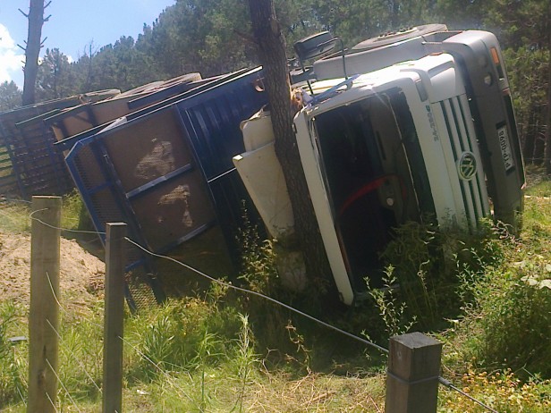 VOLCÓ UN CAMIÓN CON ROLOS RUMBO AL PUERTO DE LA PALOMA